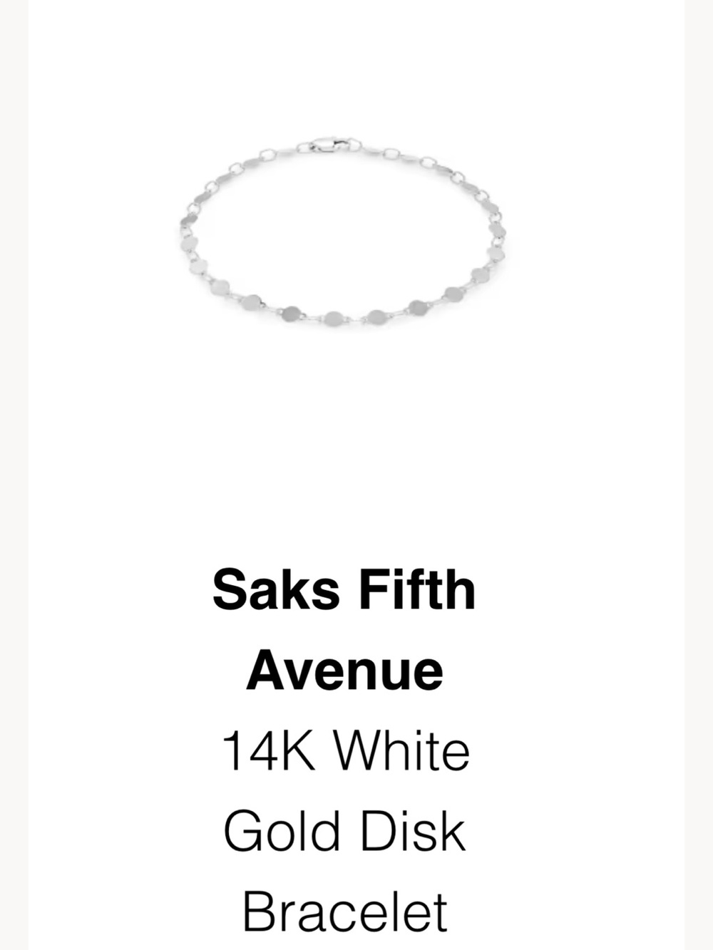 Saks Fifth Avenue 14K White Gold Disk Link Bracelet - Silver Tone 7 inches long